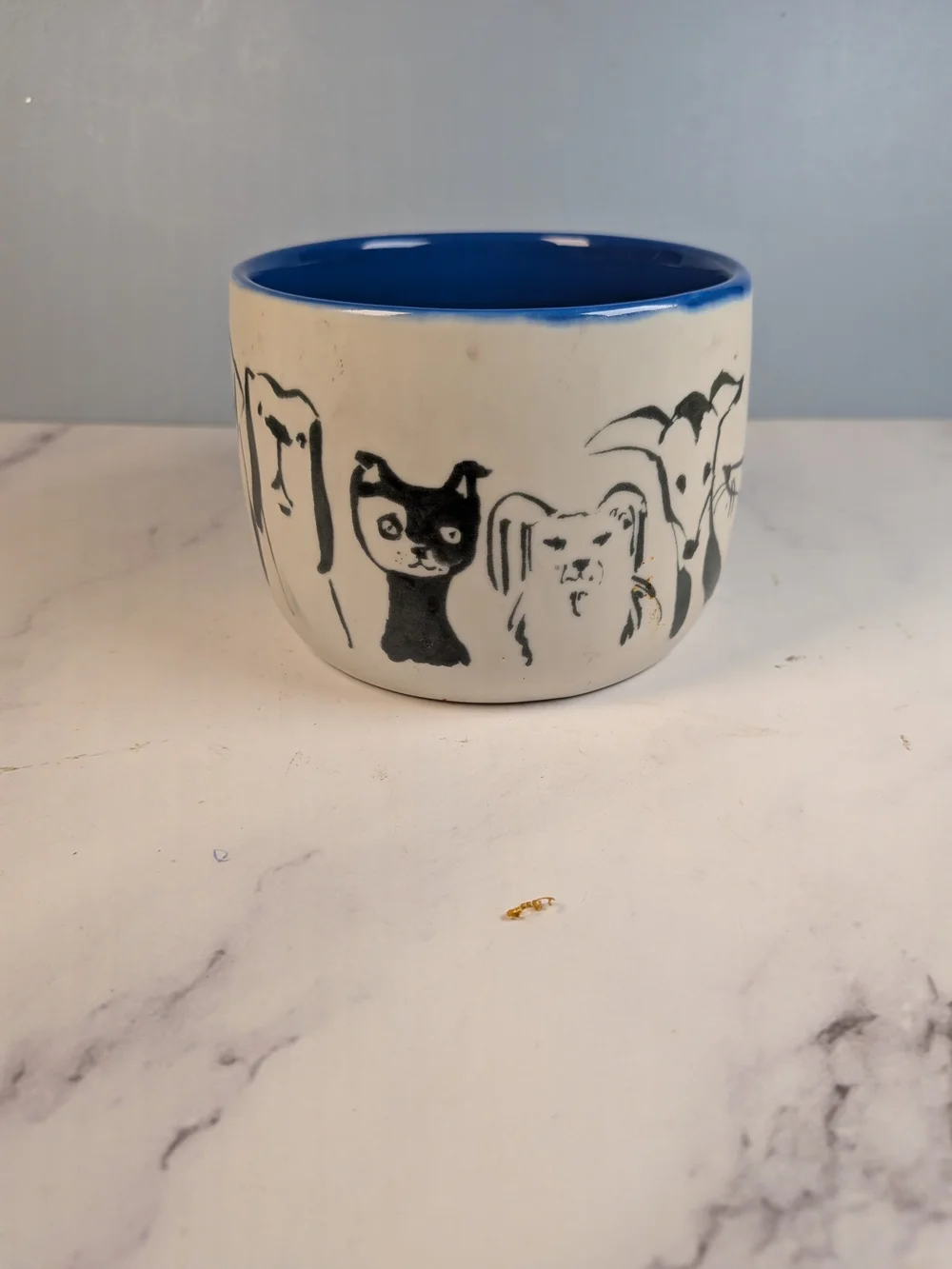 Anthropologie Cream Black Ceramic Dog Person Mug with Blue Interior
